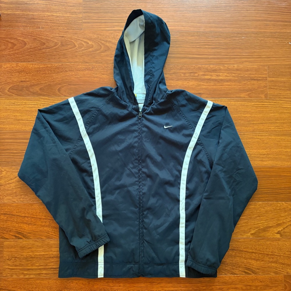 Vintage Nike Men's Small Hooded Windbreaker Jacket Black White Stripe Swoosh